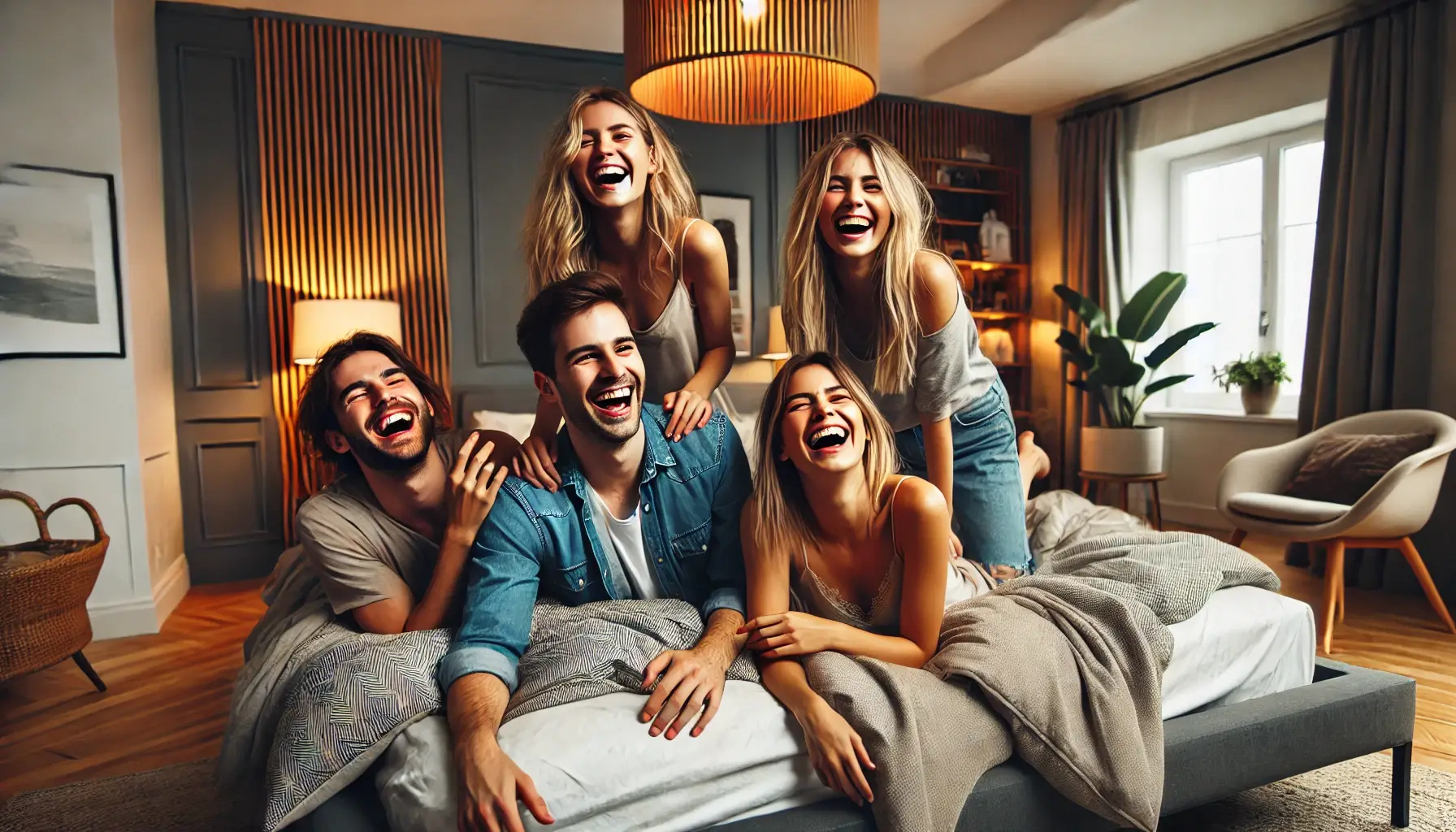 Group of friends enjoying time together on a comfortable bed